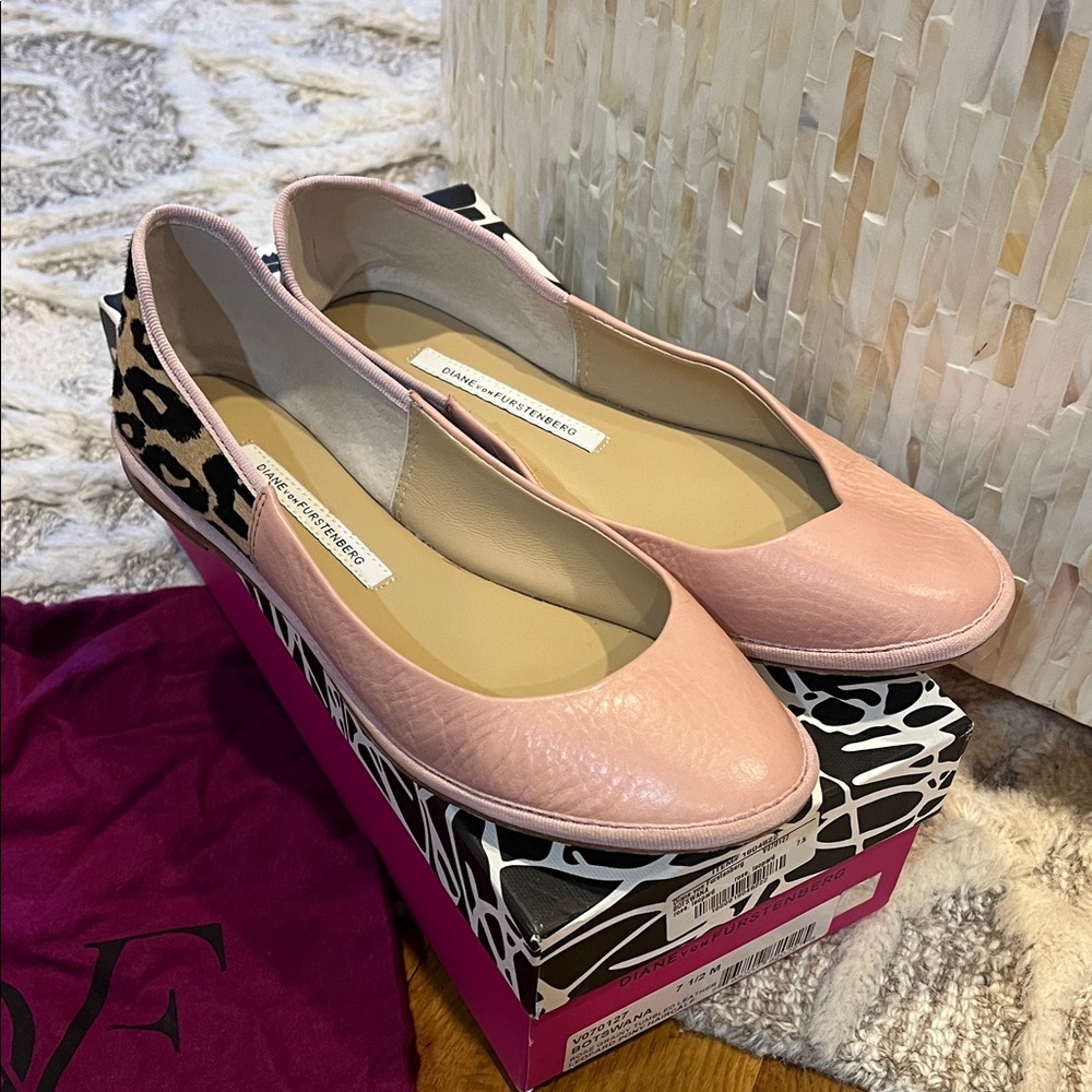 Diane Von Furstenberg Pink Leopard Calf Hair and Leather Flats
